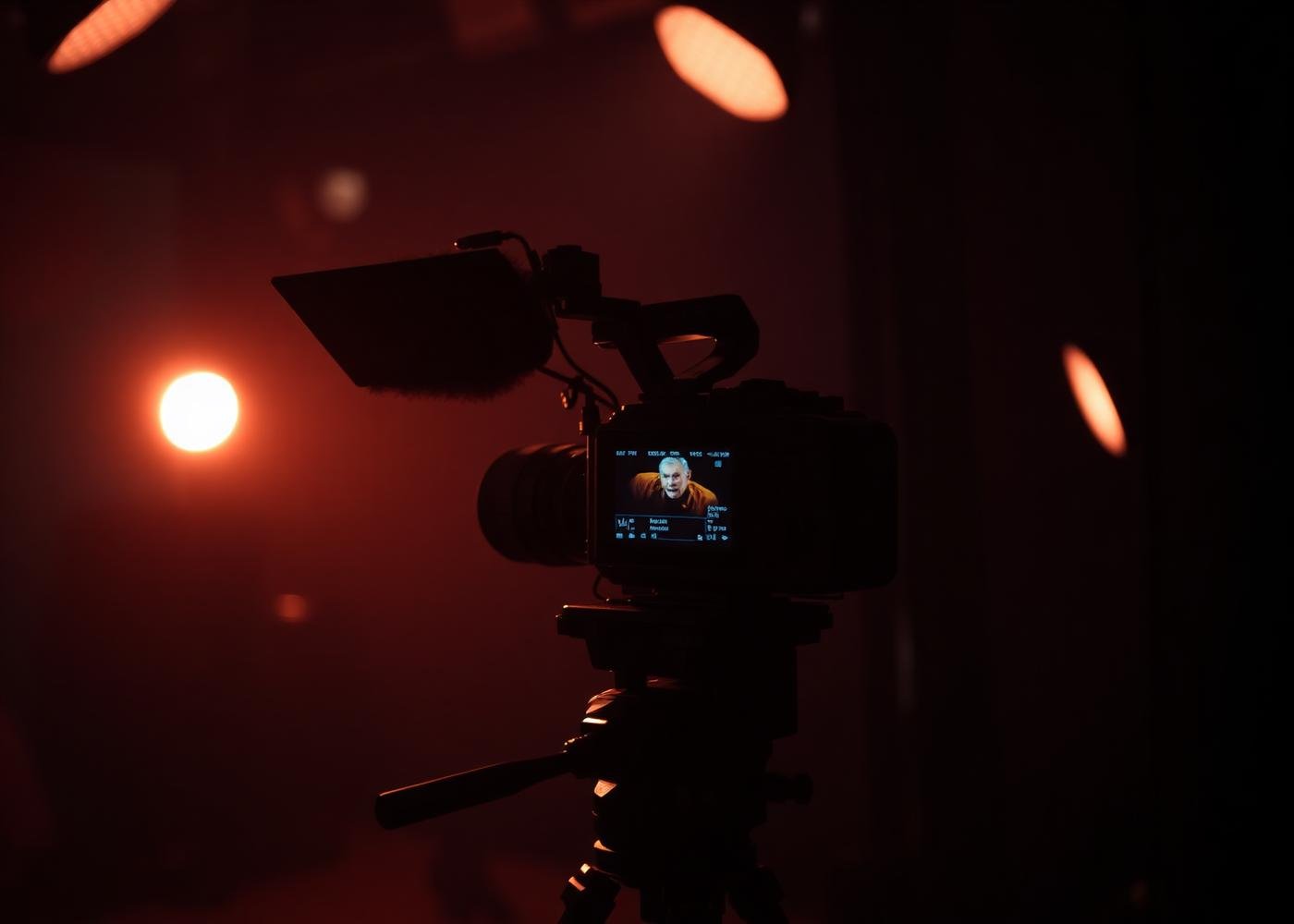 Cinema camera on set with warm cinematic lighting